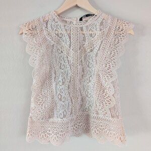 Zara Lace Scallop Mock Neck Angel Sleeve Lace Top Eyelet Detail Sheer Pink Small
